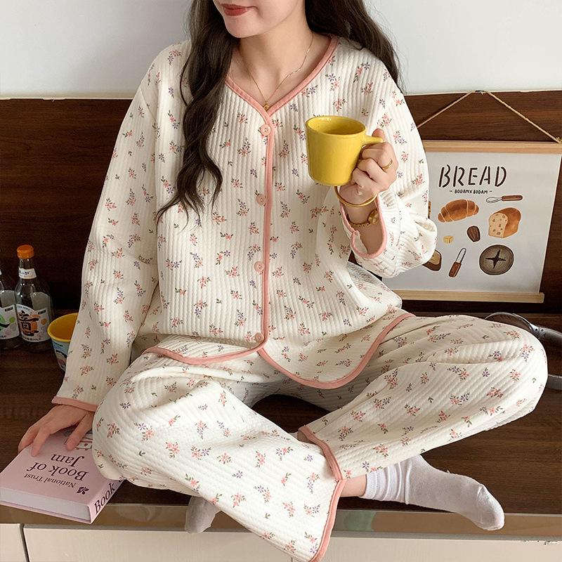 Многослойный комплект стеганой пижамы из хлопка с длинным рукавом для женщин - Повседневный кардиган для дома на осень/зиму