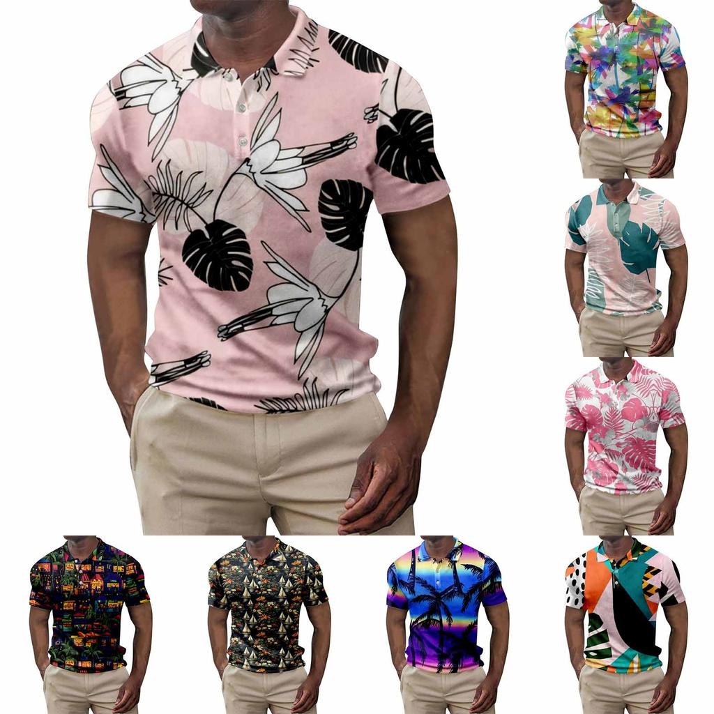 Men's Summer Hawaii Printed Golf Shirt Botton Short Sleeve Top Men's Casual Fashion Shirt