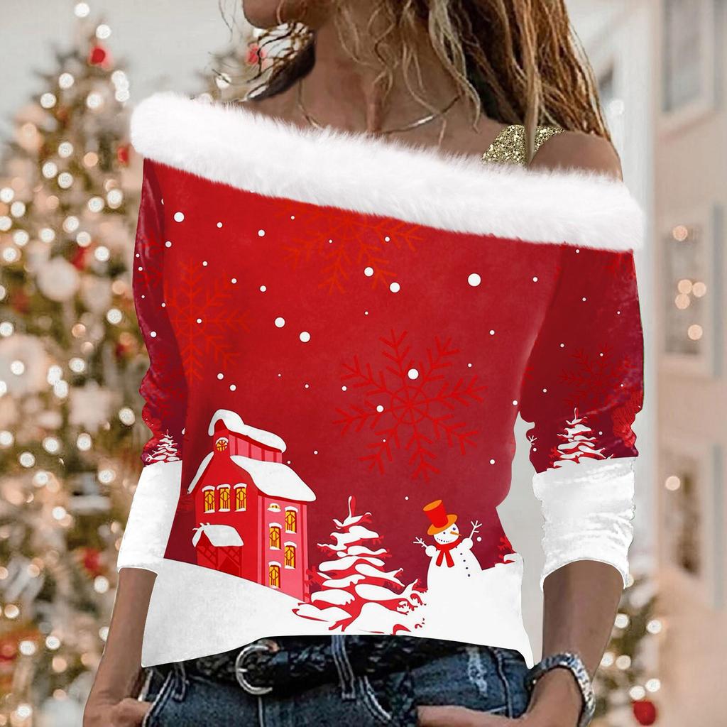 Женский повседневный свободный топ с длинными рукавами и рождественским принтом из плюша