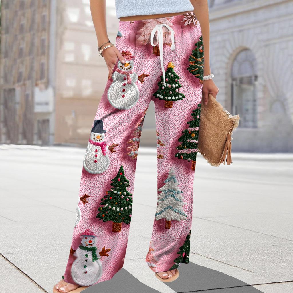 Ladies' Loose And Casual Christmas Printed Wide Leg Pants With Elastic Waistband Drawstring And Pocket Pants