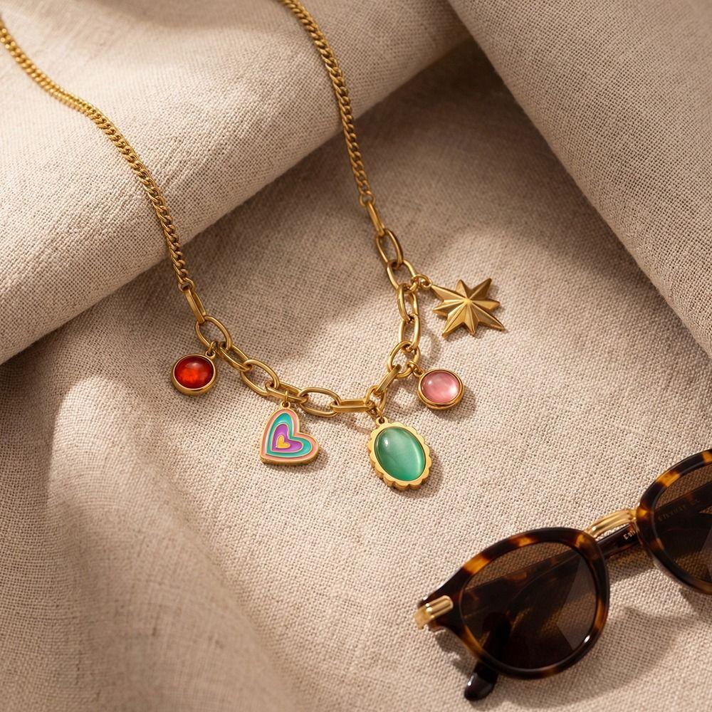 18 K Gold Plated Pendant Necklace Stainless Steel Choker Necklaces Charm Chain  Women's Jewelry