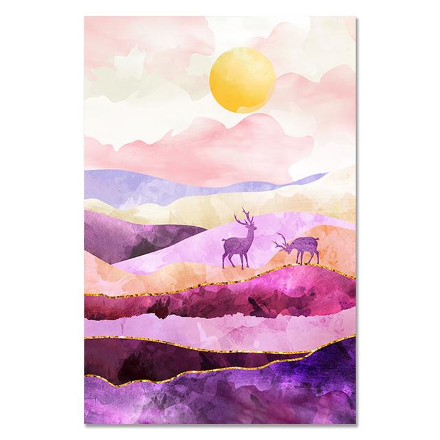 Nordic Style Sunrise Sunset Wall Art Pictures Deer Canvas Painting Mountain Landscape Poster and Print for Interior Home Decor