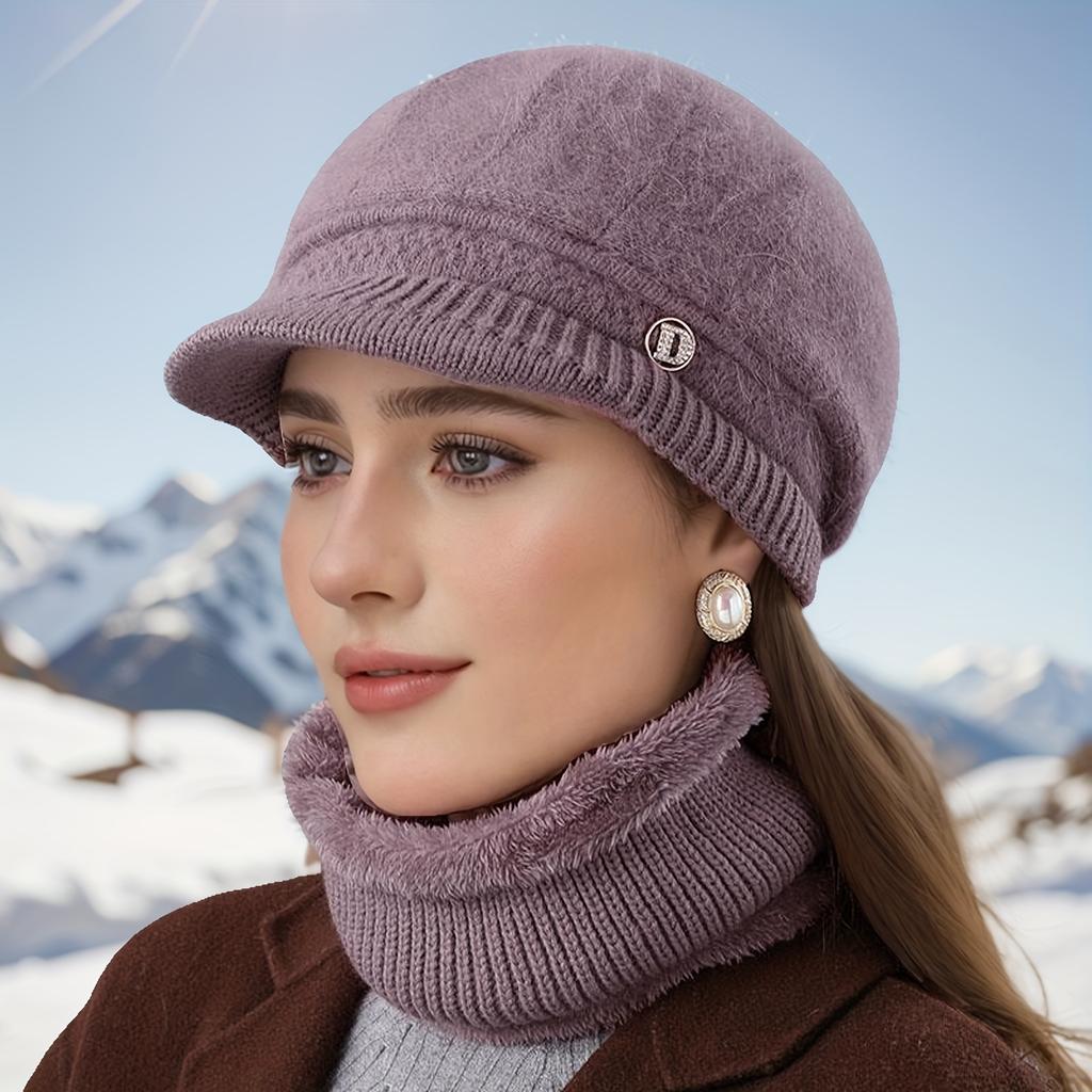 Women's Warm Knitted Winter Hat Warm Hat with Padded Fleece Lining and Ear Protection with Sun Visor Brim