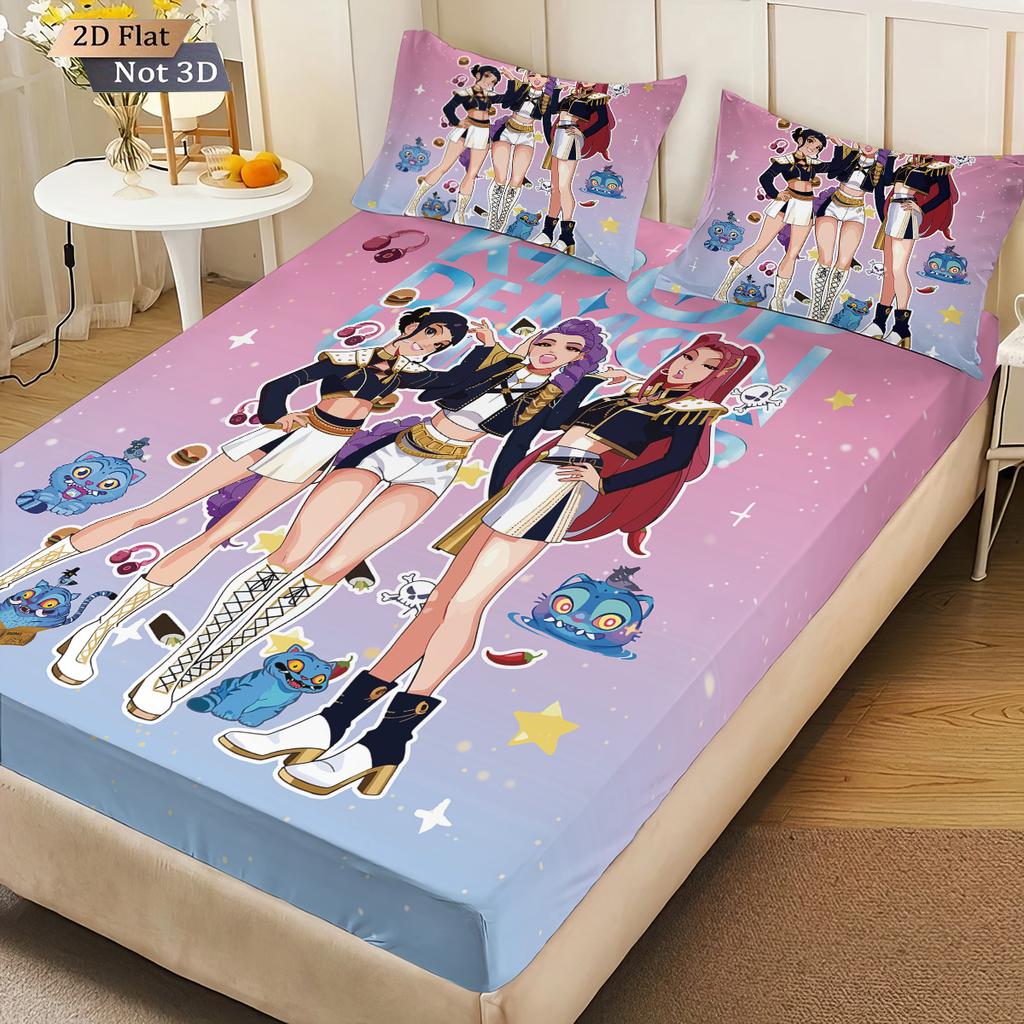 3pcs K-Pop Demon Hunters Print Coreless Fitted Sheet Set Multiple Size Bedrooms Dormitory Bedcover Decoration Machine Washable