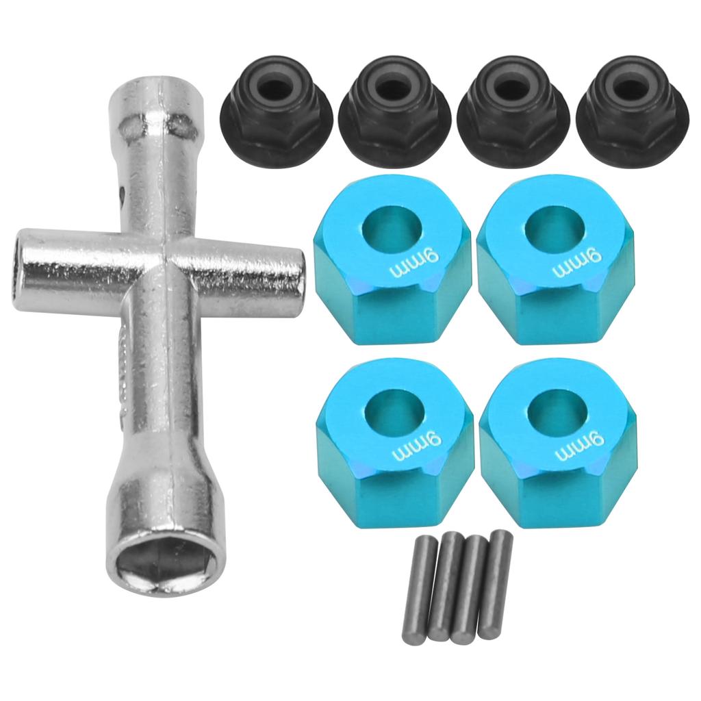 12mm Wheel Hex Hub Adapter 9mm Thick M4 Flange Lock Nuts Cross Wrench Set for 1 10 RC CarBlue
