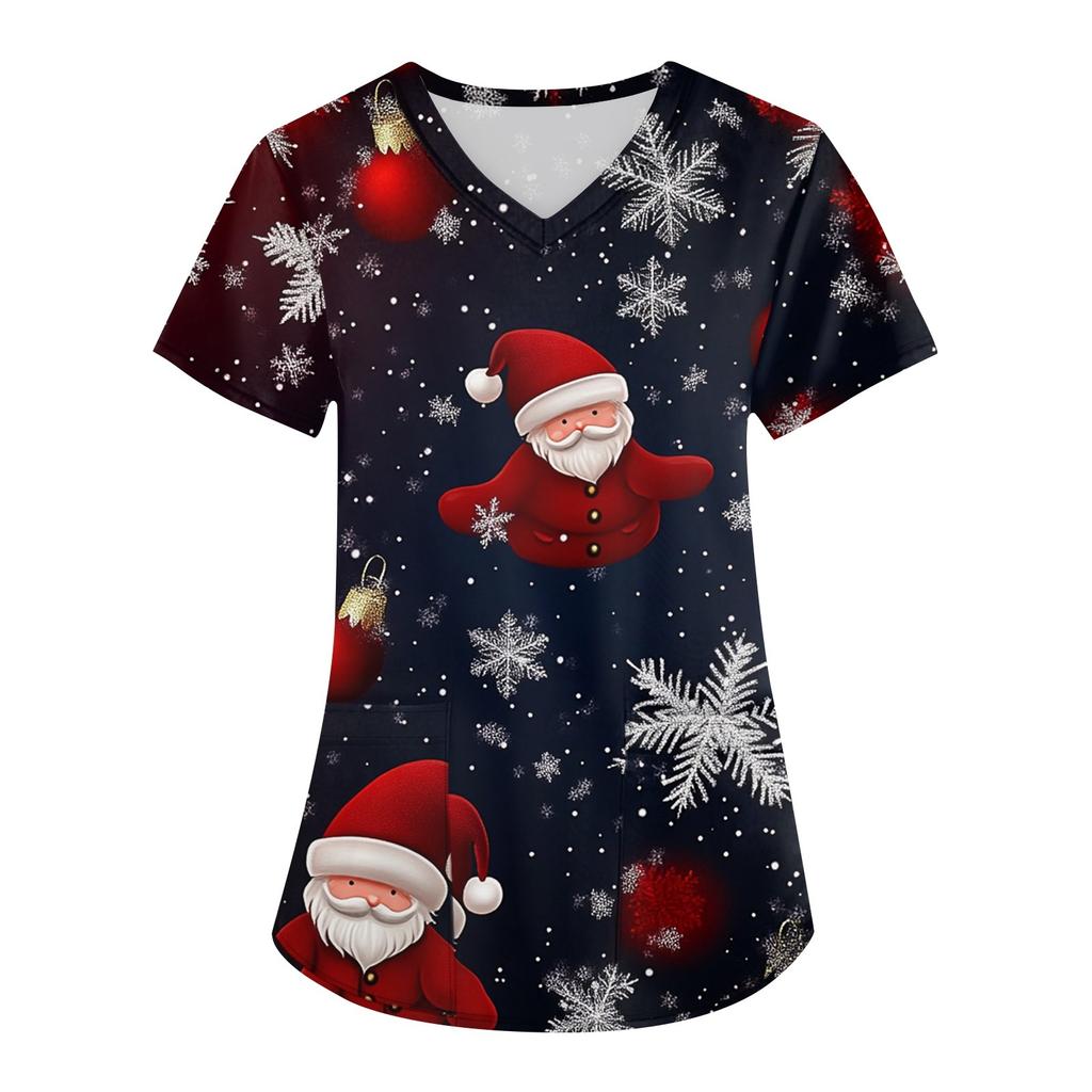 Women's Fashion V-neck Short Sleeve Workwear With Pockets Christmas Printed Tops