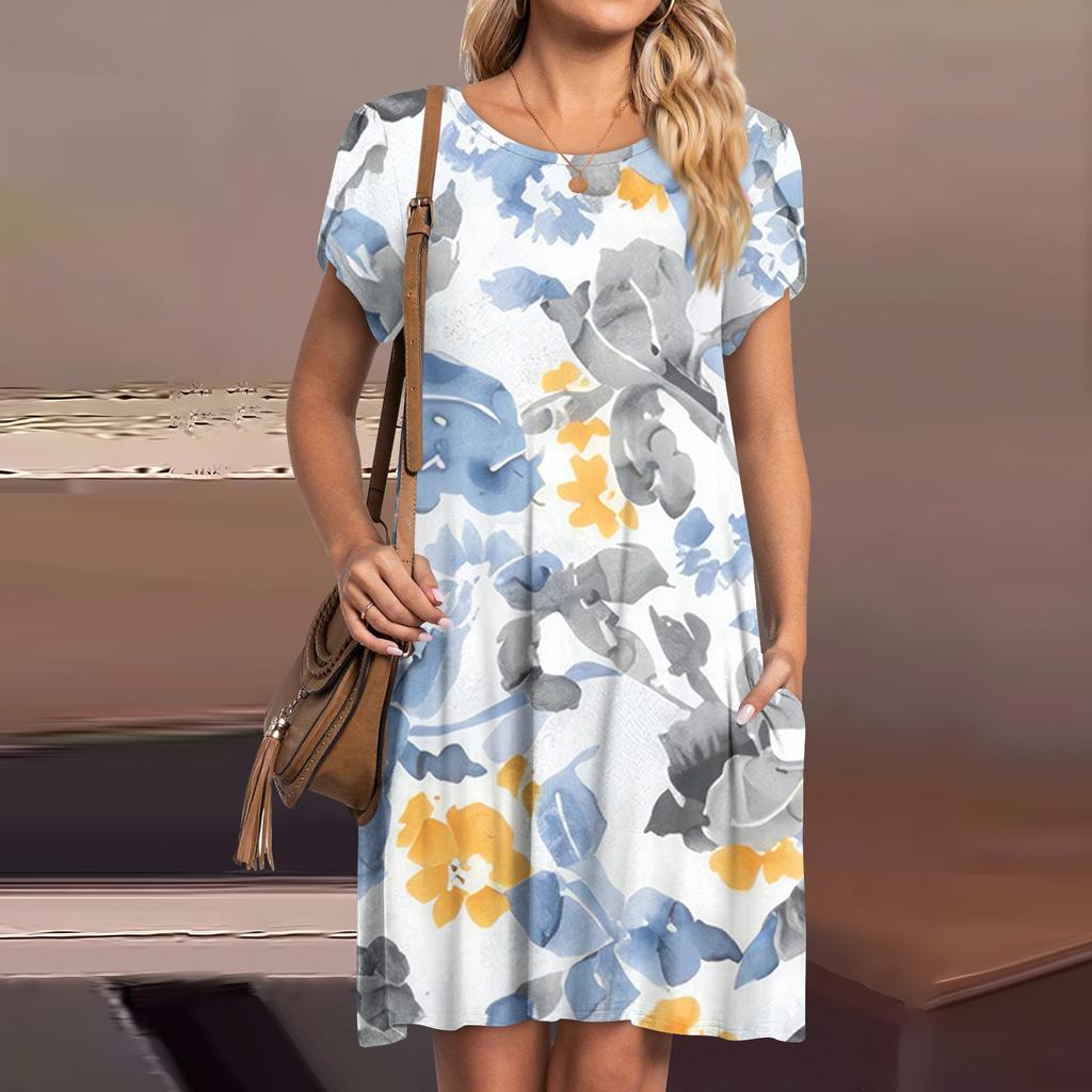 Женские летние платья с короткими рукавами, повседневное свободное платье с круглым вырезом, удобный пляжный сарафан с карманами