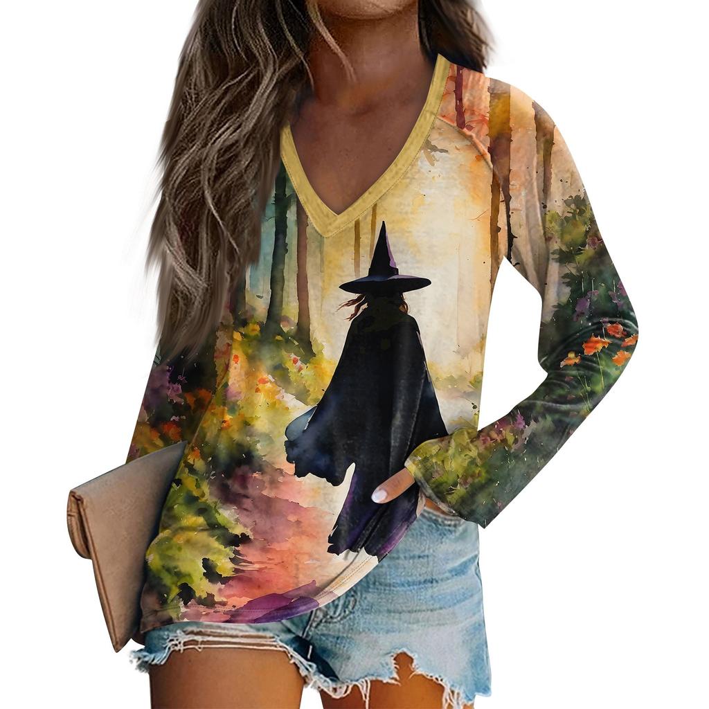 Women's Long Sleeve T-Shirt V-Neck Halloween Printed Casual Basic Tops