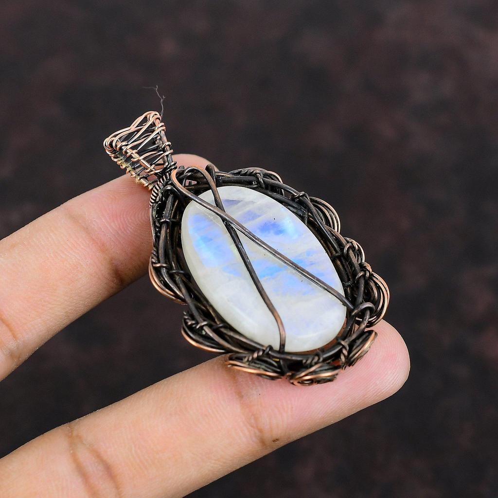 Подвеска Rainbow Moonstone, медная проволочная обертка, подвеска из драгоценного камня, ручная работа, медные украшения, подарок для мамы, изящная подвеска, проволочная обертка, ювелирные изделия