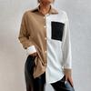 Long Sleeve Elegant Shirt Blouse White Black Button Vintage Turn Down Collar Office Ladies Shirt Casual Color Block Shirts