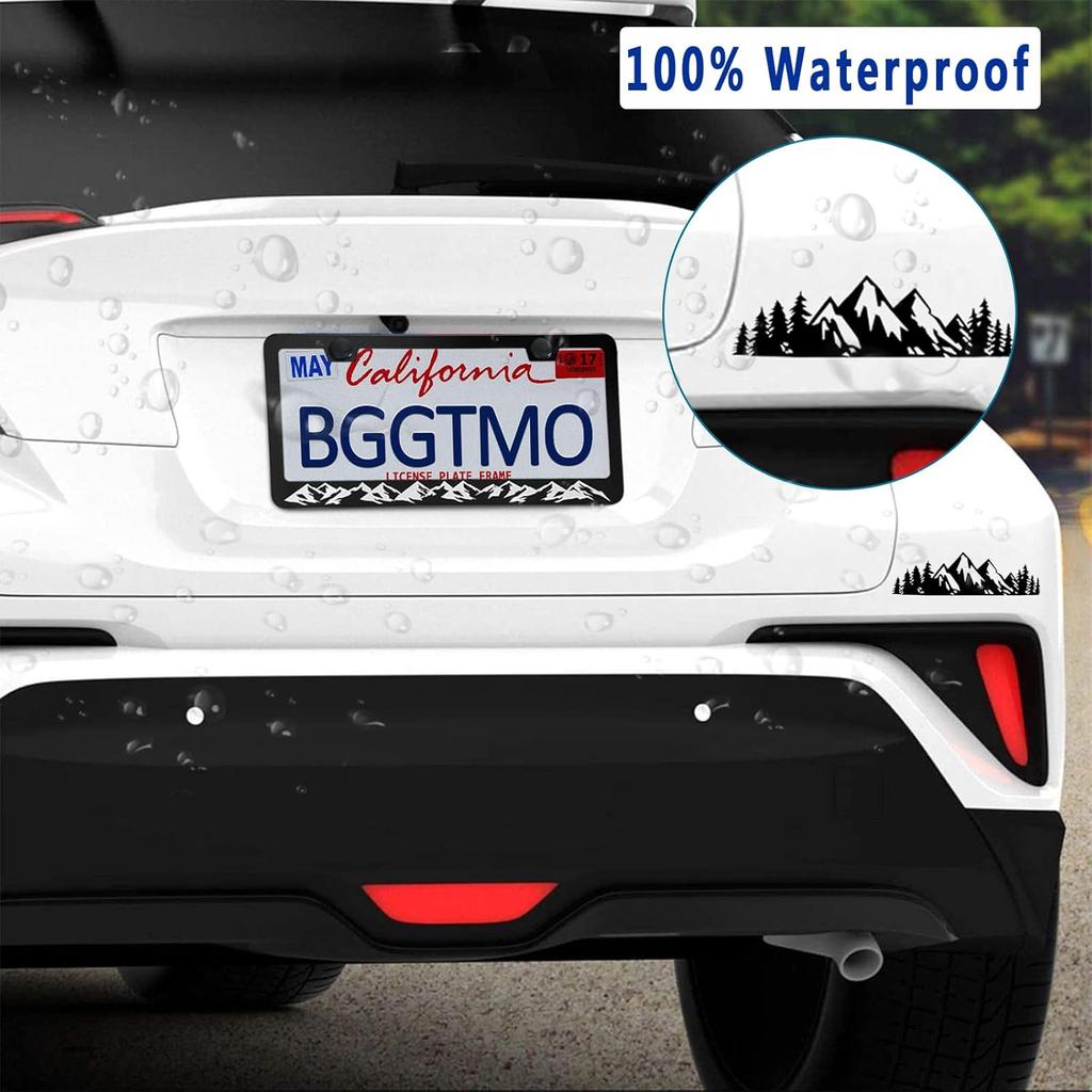 BGGTMO Mounta License Plate Frame- Black Aluminum Car Tag Cover Holder With Stainless Steel Screws Caps, Snow Mountain Tree Decal Sticker, 1 Pack 2