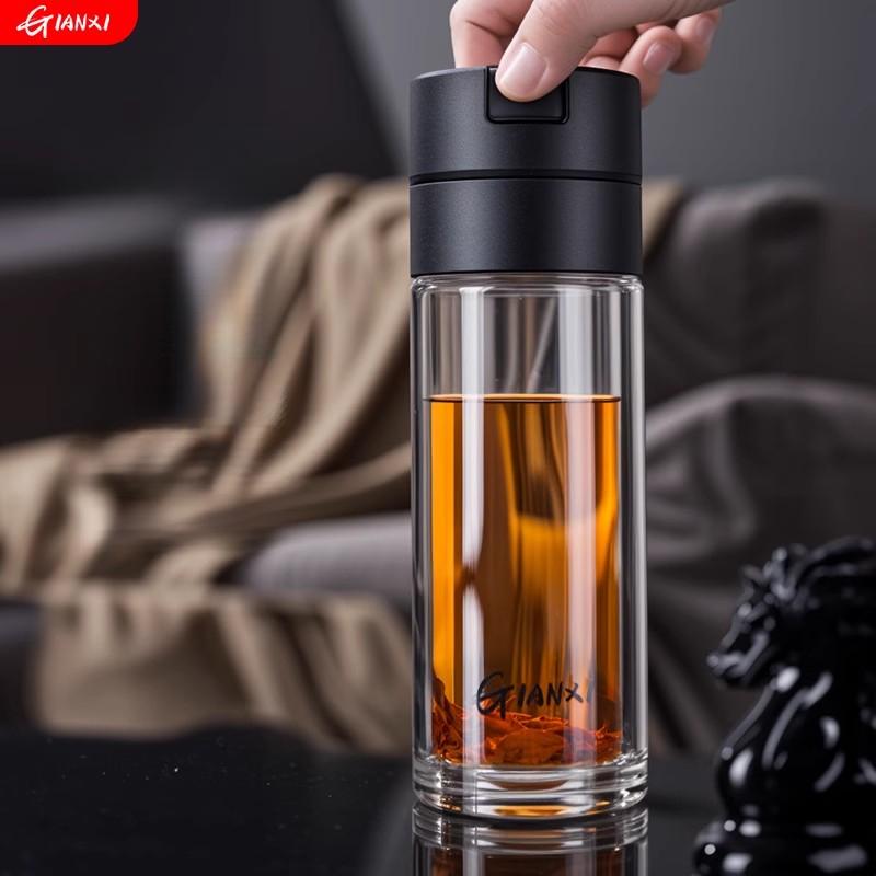 Стеклянная чашка с двойным термостойким стеклом, устойчивым к ожогам, открывайте крышку одним щелчком, портативная чашка для разделения воды и чая, деловые чашки