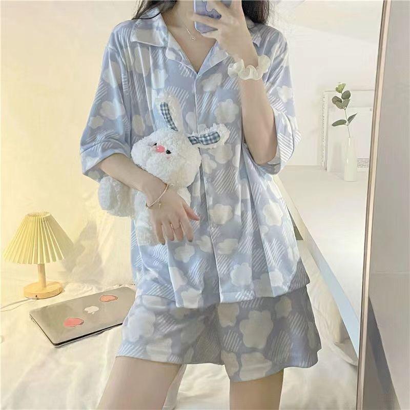 Летние пижамы, женские шорты с короткими рукавами, свободный кардиган с бантом, летний можно носить как домашний комплект одежды