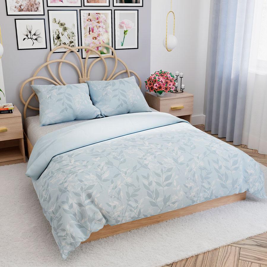 LILU bedding set 220x200 cm - satin cotton, blue, plant pattern