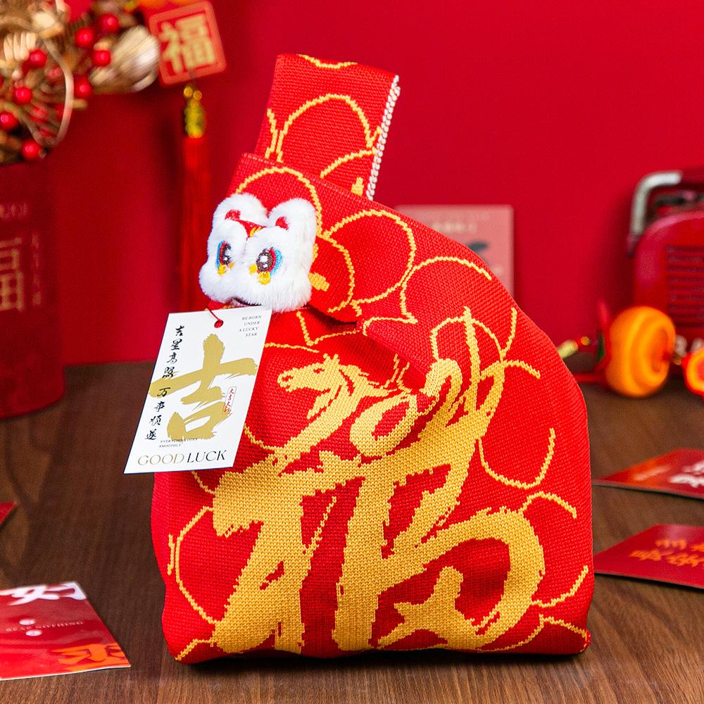 Год Лошади Красный Узел Сумка на Запястье Мультяшный Талисман Пони Вязаная Конфетная Сумка-Тоут Многоразовая Сумка для Покупок Подарочная Упаковочная Сумка