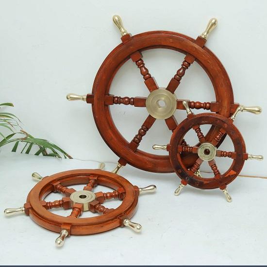 Wooden Ship Wheel with Brass Handles  Handmade Nautical Wall Décor, Coastal Beach House, Maritime Gift Set Of 3