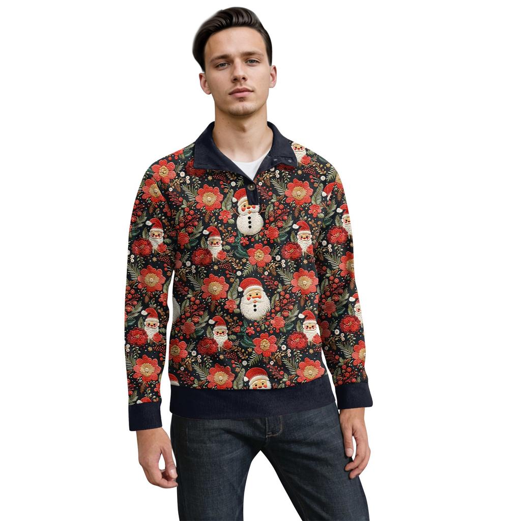 Men's Christmas Cotton Pullover Long Sleeve Outdoor Shirt Vintage Corduroy Button Stand Collar Shirt Casual Sweatshirt Christmas Print Top