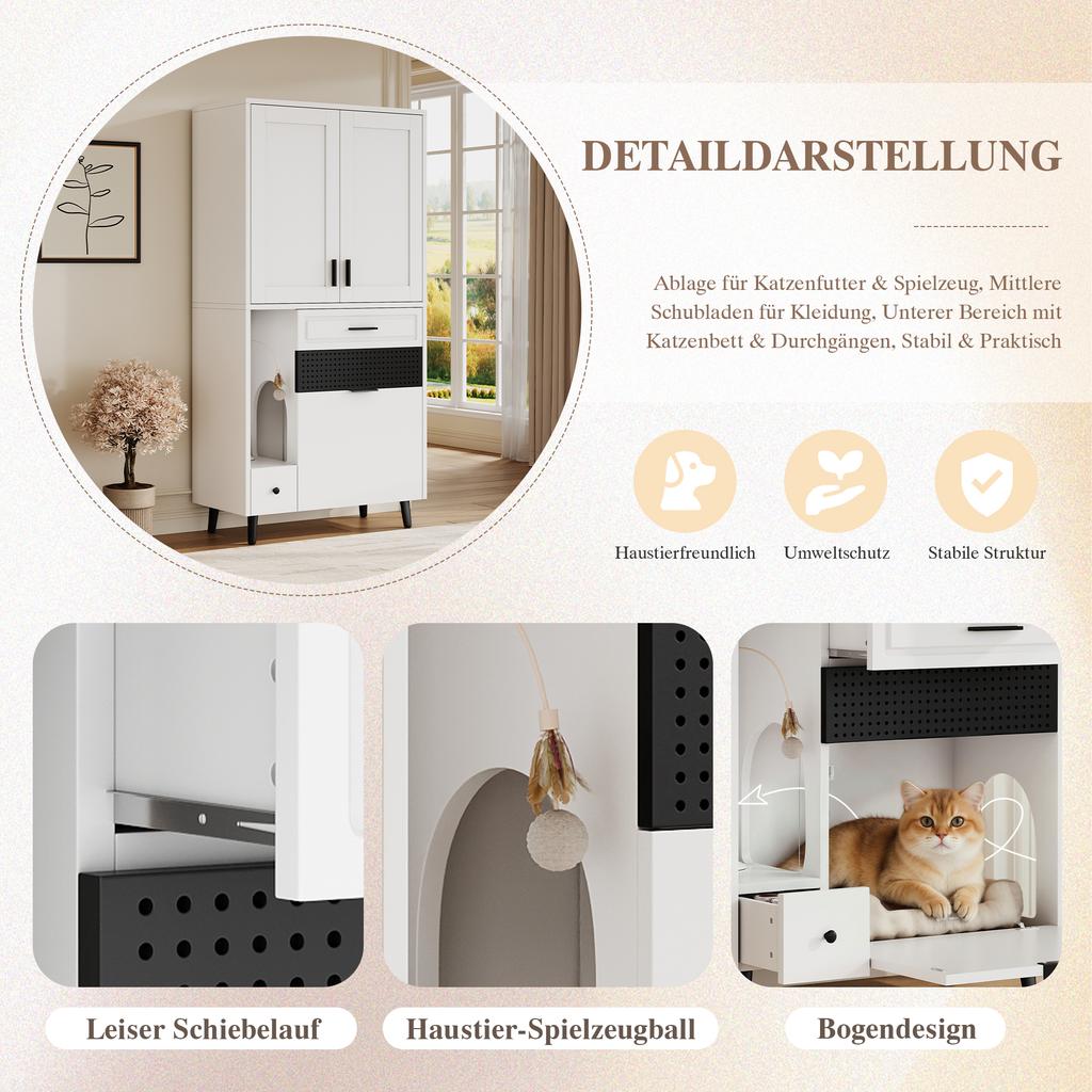 Multifunctional Cat Storage Cabinet – Sturdy Construction with Divided Storage, Movable Shelves, Drawers and Cat Bed Area, Cozy Activity Spot for Cats