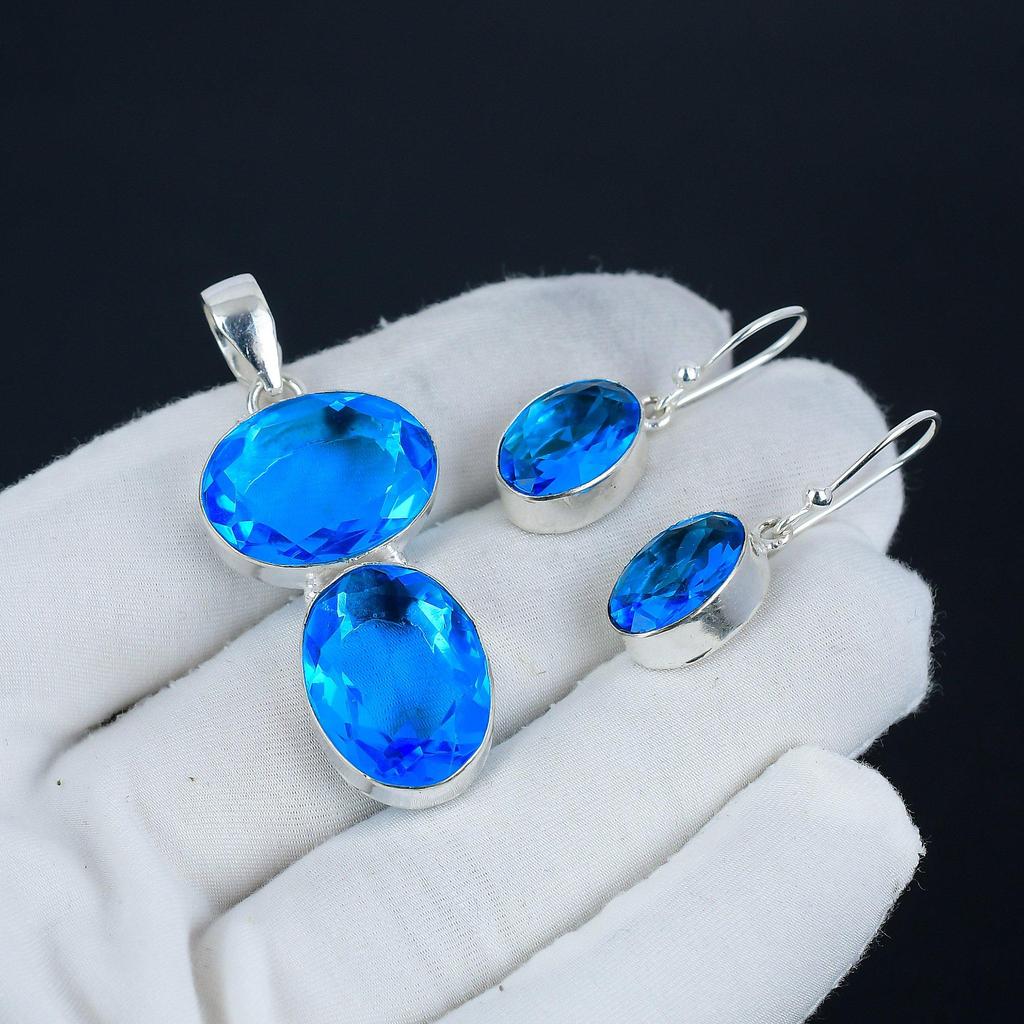 Комплект подвесок Siwss Blue Topaz, комплект серег и подвесок Siwss Blue Topaz Gemstone, ручная работа, серебро 925 пробы, для женщин, подарок на день рождения