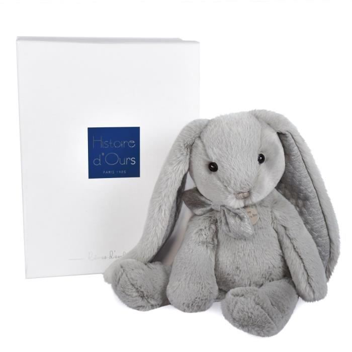 Peluche - HISTOIRE D'OURS - Lapin Preppy Chic - 40CM - Gris - Doux et moelleux