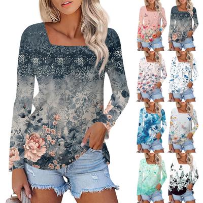 Рубашка для женщин, модная повседневная свободная футболка с квадратным вырезом и длинным рукавом с принтом, женский топ