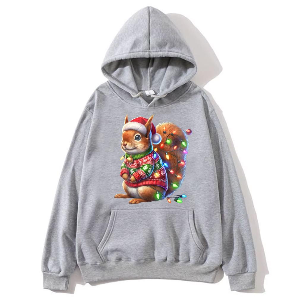 Christmas Squirrel Drop Shoulder Sweatshirt Festive Sweater Santa Hat Fashion Long Sleev Pullovers Vintage Cute Holiday Hooded