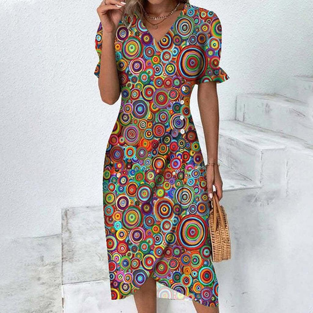 Women's Summer Casual  Dress V Neck A-line  Boho Ditsy Floral Flounce Sleeve Wrap Hem Dress