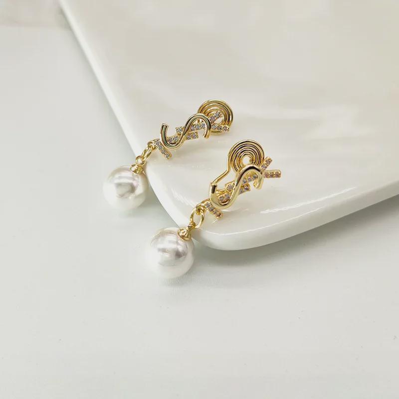 Корейские серьги-клипсы с жемчугом для женщин: Элегантный дизайн в виде спирали с длинными кисточками