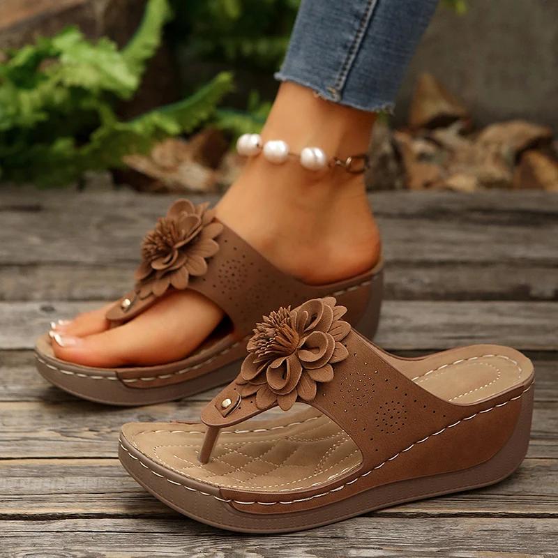 Fashion Big Floral Clip Toe Sandals Women Summer 2025 Comfortable Soft Sole Wedge Heels Slides Woman Casual Plus Size 43 Slippers Mujer