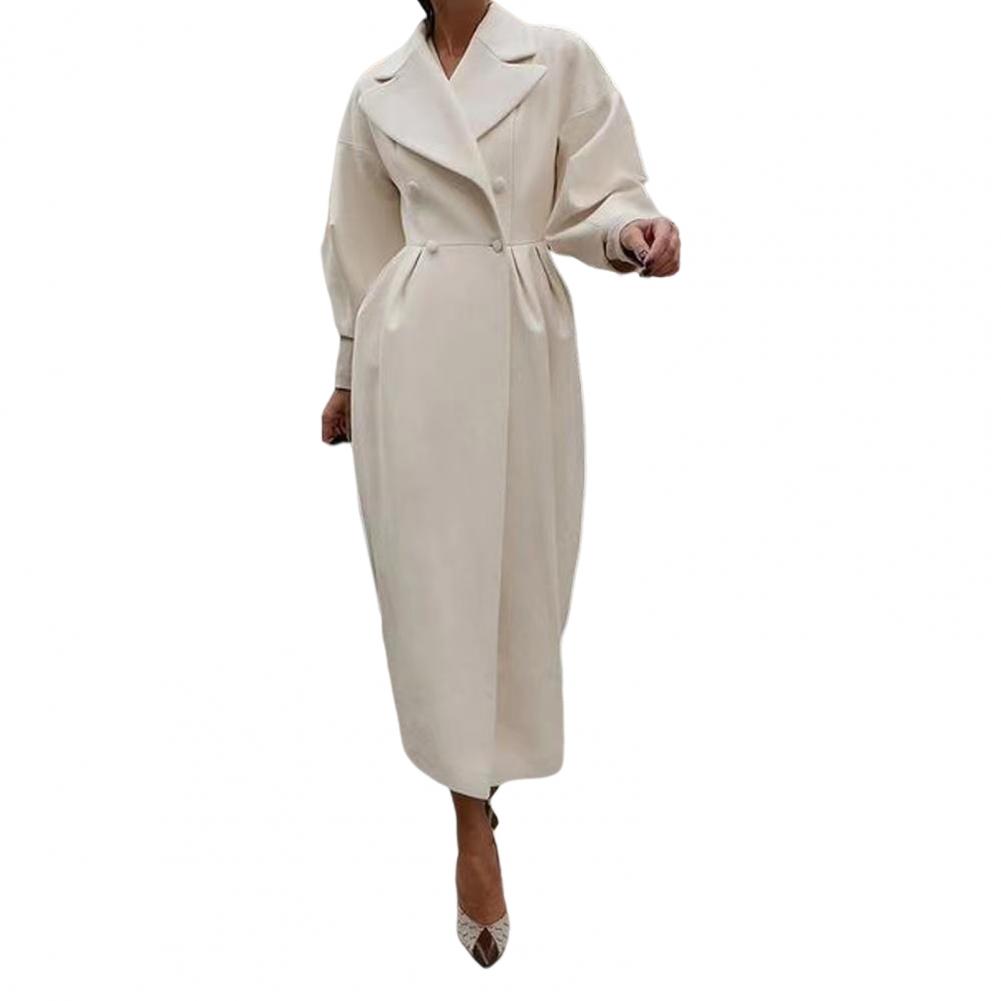 Women Woolen Jacket Turn-down Collar Solid Color Double-breasted Coat Retro Royal Style Thermal Long Lantern Sleeves Commuting D