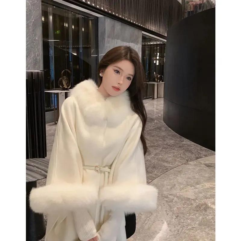Двусторонняя накидка шерстяное шерстяное пальто осенне-зимнее воротник из искусственного меха лисы корейское пальто-шаль