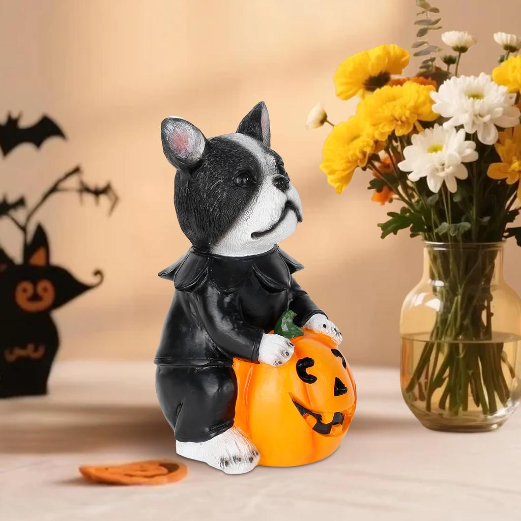 Halloween Resin Decorative Figurine Costume Dog with Pumpkin Lantern Ghost Animal Figurines for Holiday Display Farmhouse Decor