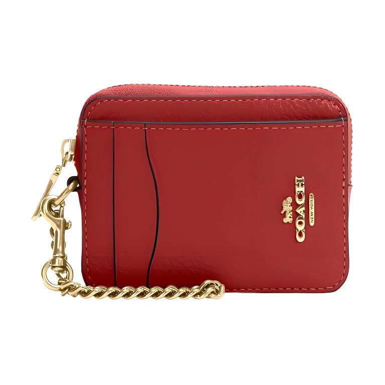 Coach Кошелек-картхолдер на молнии с ремешком-цепочкой на запястье из кожи с фактурой «pebble». Мини-кошелек. Женские кошельки. Красный 6303-IMP1Y