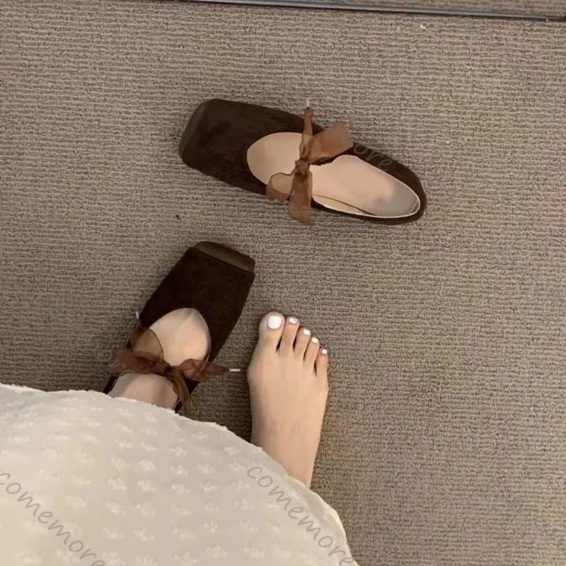 Мода Comemore Французский Ретро Стиль Балетки Одинарные Туфли Женские Квадратный Носок Мягкая Подошва Туфли Мэри Джейн Однотонные На Шнуровке Повседневные Балетки