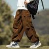 Japanese Retro Brown Corduroy Cityboy Men's Drawstring Cargo Pants, Plus Size, for Autumn and Winter.