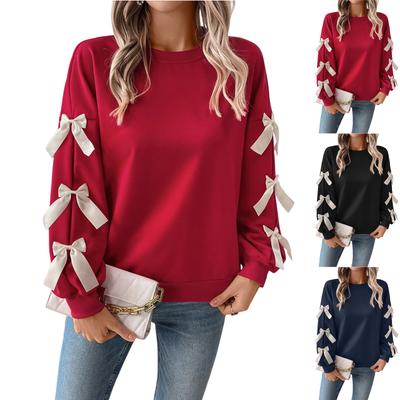 Женский модный повседневный милый свободный красный рождественский пуловер-свитшот с круглым вырезом и бантом