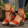 Summer Floral Print Open Toe T-Strap Wedges for Women Faux Leather Buckle Closure Platform High Heel Sandals