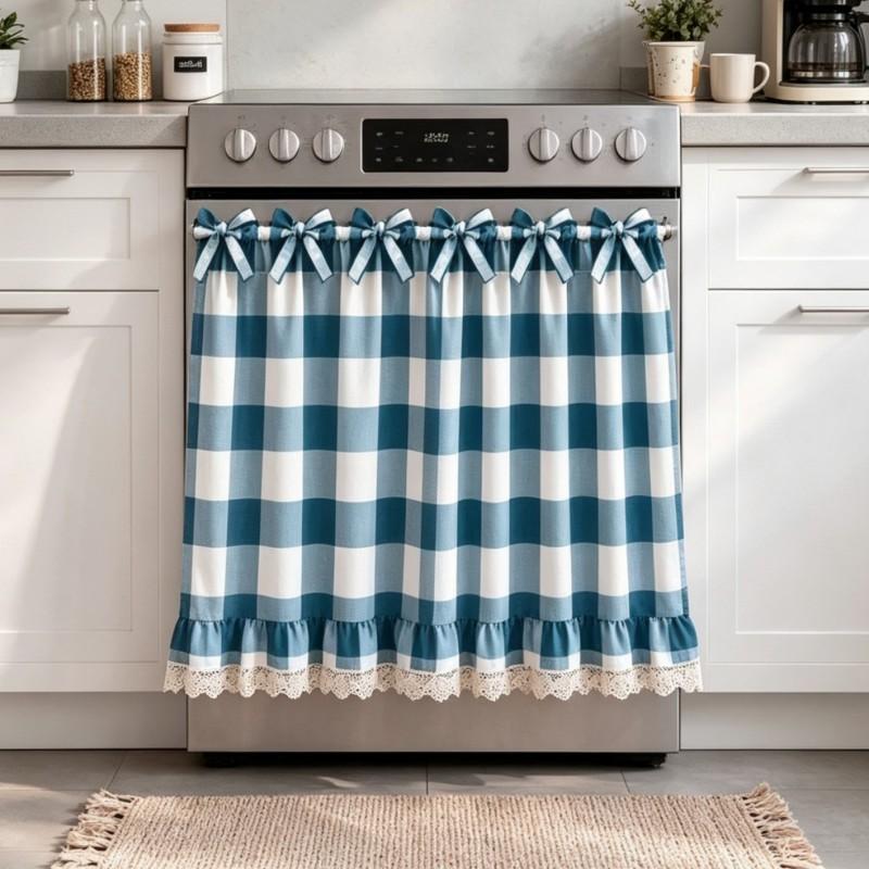 Modern Minimalist Gingham Oven Curtain Kitchen Stove Short Tiered Window Valance Cabinet Or Shelf Decor