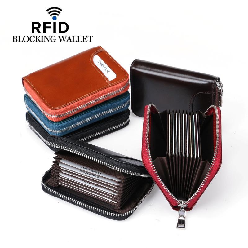 Genuine Leather RFID Accordion Card Holder with Zipper - Multi-Card Slots for Men and Women