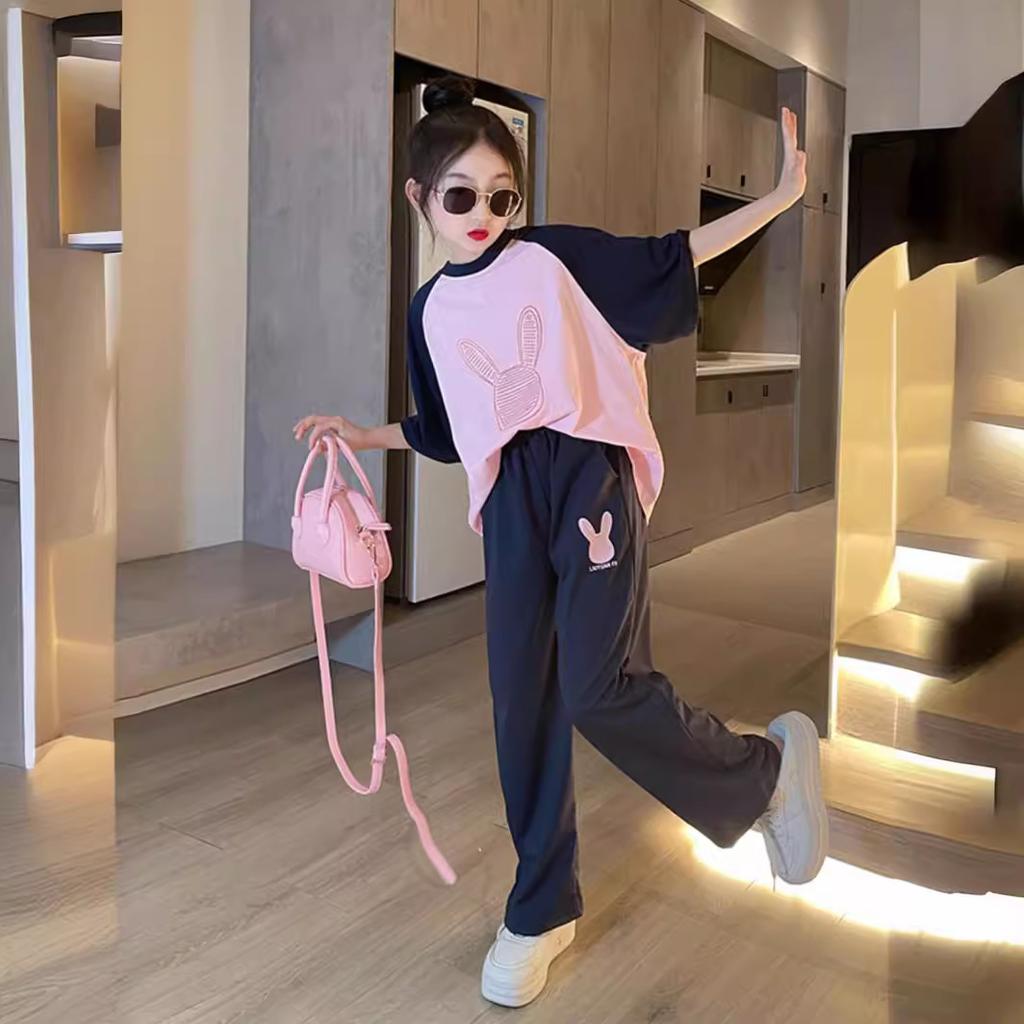 Спортивные летние модели из двух частей для девочек, летний костюм с короткими рукавами для больших девочек, детский повседневный костюм с футболкой