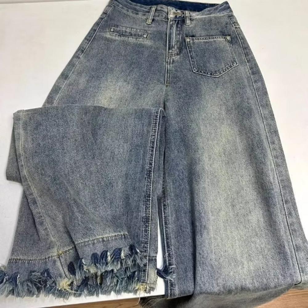 Персонализированные джинсы с широкими штанинами и рваным краем для женщин, новая весенне-осенняя коллекция, с высокой талией, тонкие, свободный дизайн, джинсы-клеш