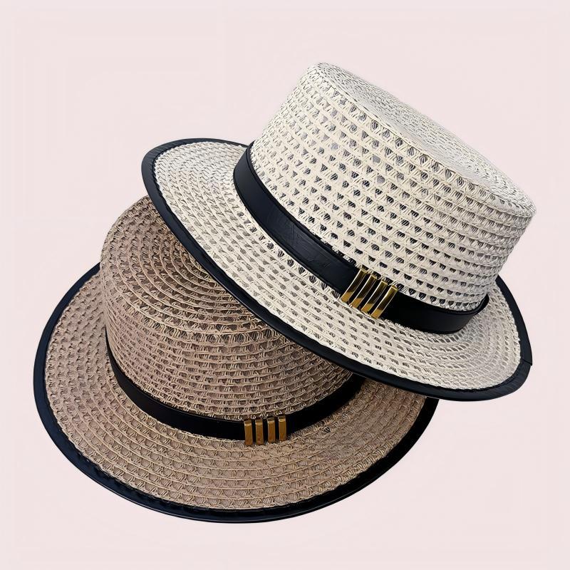 Summer new breathable flat top straw hat women's outdoor sunshade sun protection hat vacation seaside trip beach hat