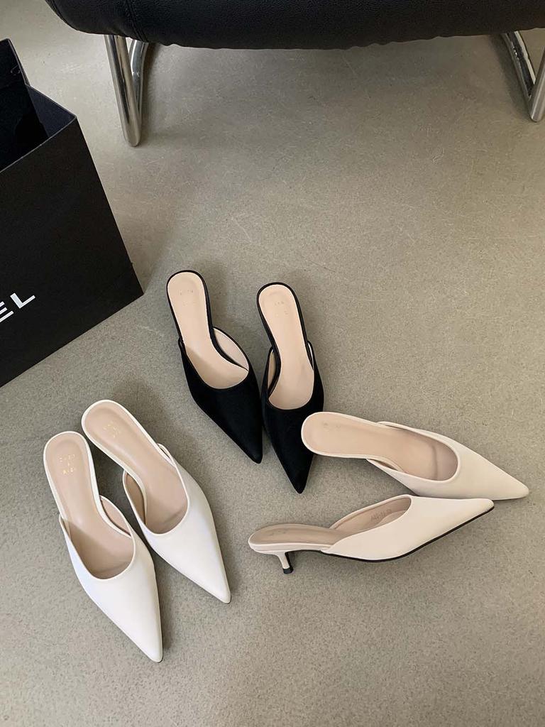 Модные женские шлепанцы из флока, тапочки с острым носком, мюли, туфли 2024 года, новые поступления, модные туфли на низком каблуке, бежевые, белые, черные