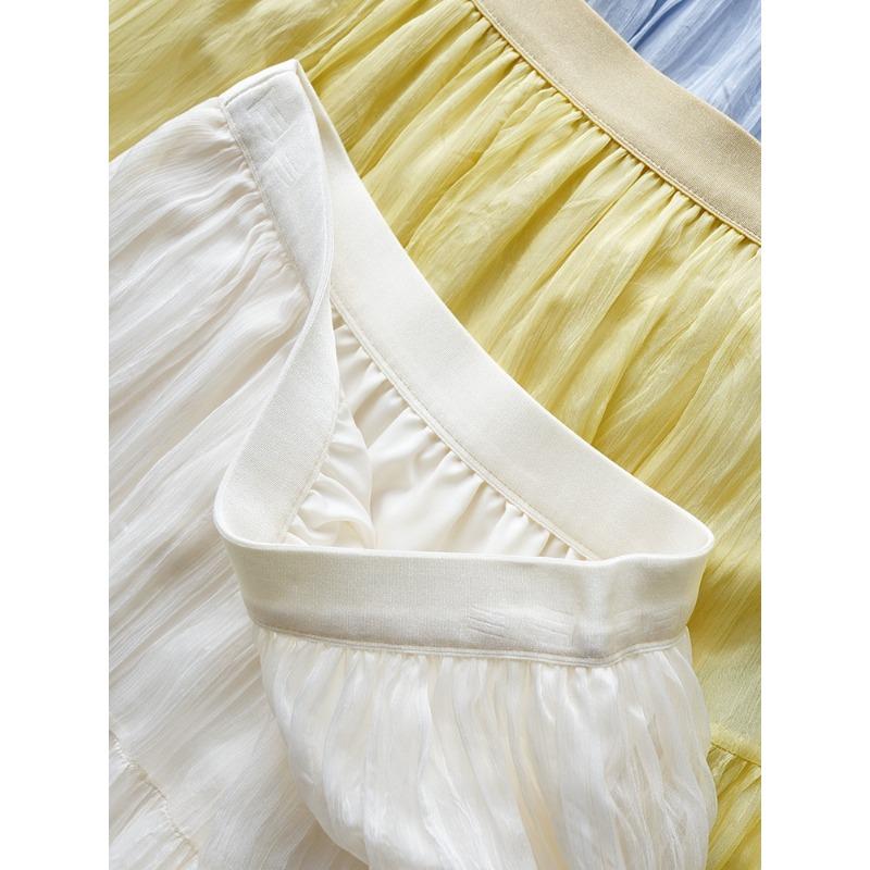 Dimanaf 2025 Летние женские новые юбки однотонные эластичные талии плиссированные сетчатые элегантные юбки желтые