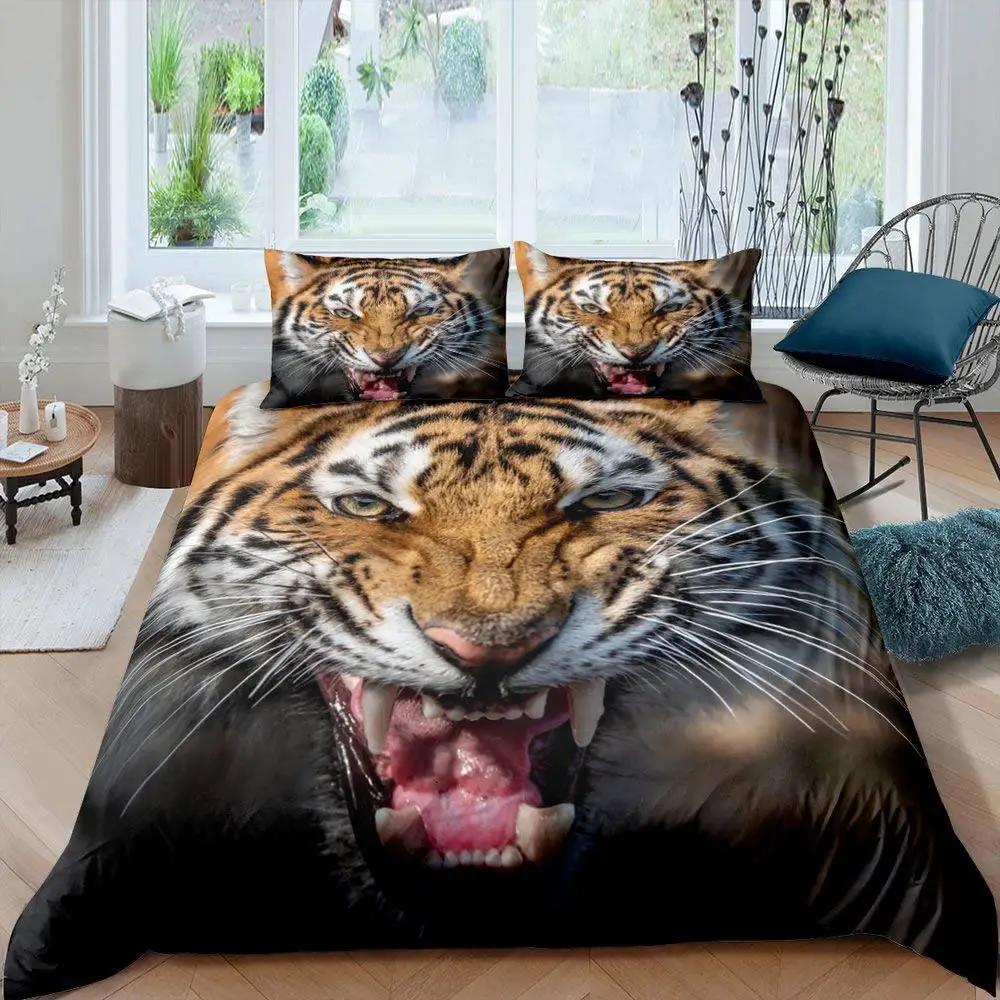 Tiger Comforter Cover Set 3D Tiger Lying on The Stump Pattern Duvet Cover with Zipper Ties Wild Animal Theme Bedding Set for Kid