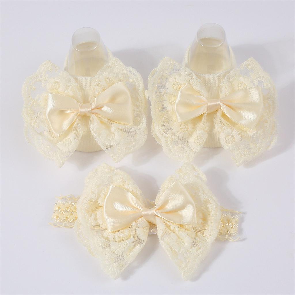 Baby Knitted Breathable Lace Bow Floor Socks + Hairband Color Matching Set