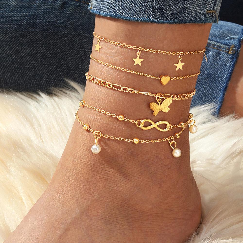 European and American hot-selling butterfly pearl love anklet 1-piece set multi-layer pendant anklet anklet jewelry