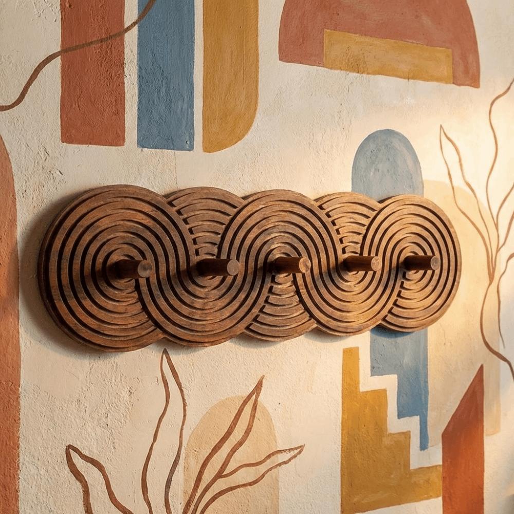 5-Hook Key Storage Rack Bohemian Style Wooden Wall-Mounted Organizer Space-Saving Modern Umbrella Storage Shelf Interior Decor