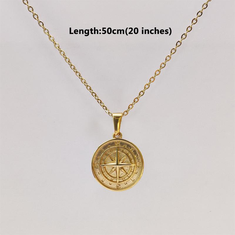 18K Gold Plated Stainless Steel Compass Pendant Necklace - Round Coin Design for Men & Women, Waterproof Unisex Jewelry Gift