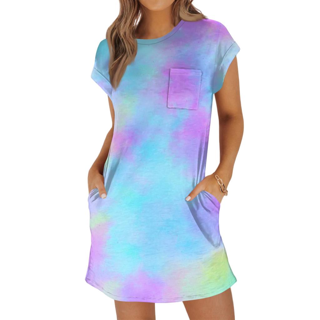 Женское модное повседневное летнее платье с градиентным принтом, коротким рукавом, круглым вырезом и карманами